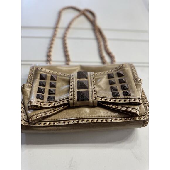 Rebecca Minkoff Tan Studded Bow Crossbody Purse Handbag Metallic Snake Chain - Picture 2 of 9